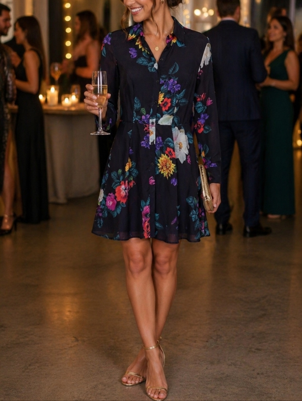 bebe Black Floral Button Front Dress Size 4 Long Sleeve Chic Party Cocktail